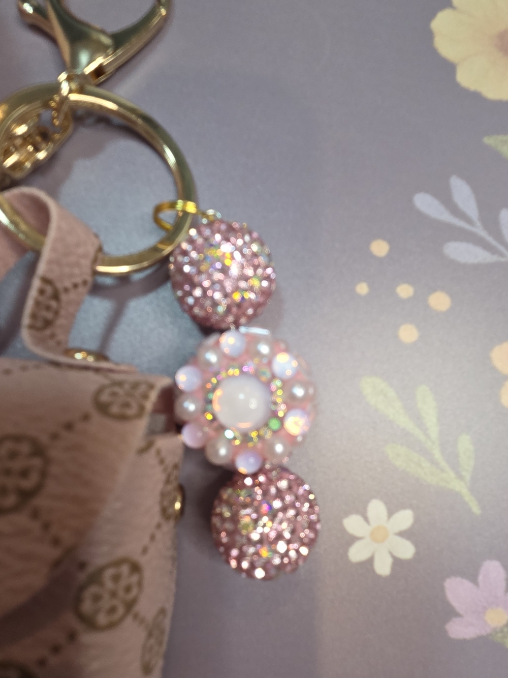 Pink Faux-Fur Pom Pom Keychain Bag Charm with Crystal Accents - Picture 4 of 14